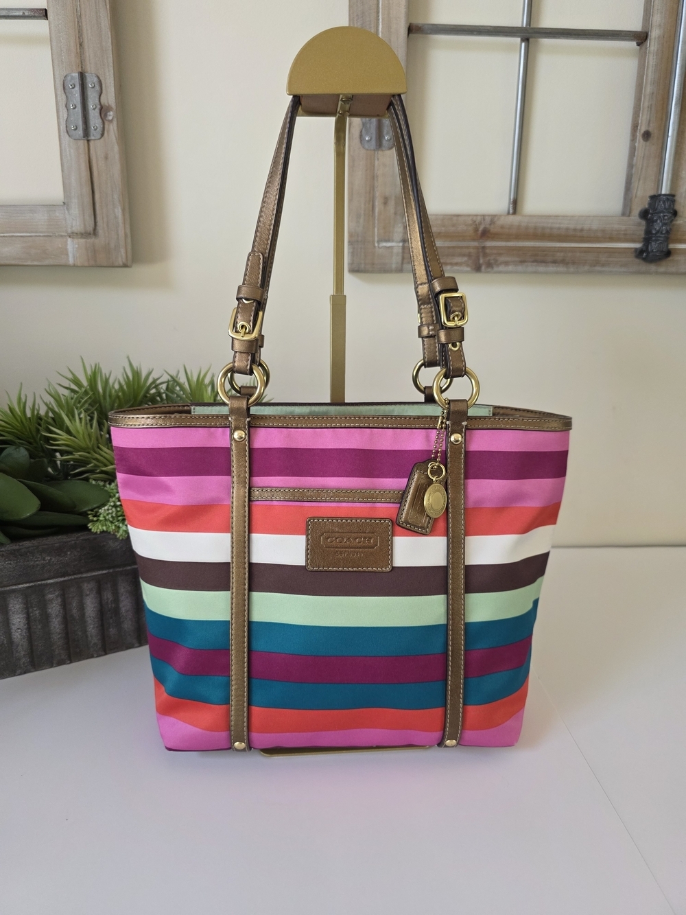 Coach Legacy Stripe Medium Tote Shoulder Bag Multicolor Satin Leather Trim Y2k
